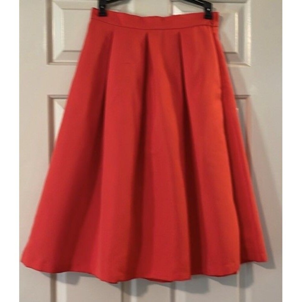 New York & Company Midi Skirt Womens 10 Bright Orange Pleated Knee Length Cotton